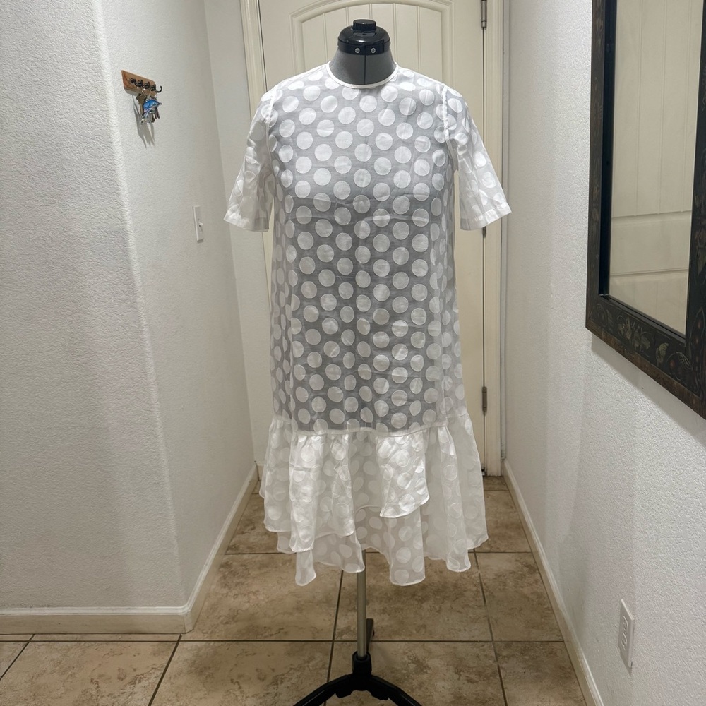 EUC Very White Sheer Polka Dot Hemp Blend Dress With Ruffled Tiered Hem Medium